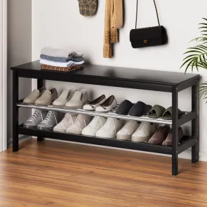 Bamboo Shoe Rack Bench, 2-Tier, 10 Pair, Black - Artiss