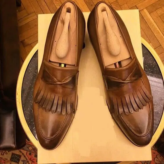 Bespoke Brown Fringe Loafer Leather Shoe for Men