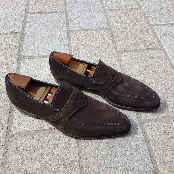 Bespoke Chocolate Brown Suede Penny Loafer Shoe for Men