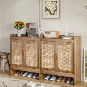 classic Shoe Storage Cabinet for Entryway, Rattan Shoe Rack Storage Organizer, Shoe Closet with Doors