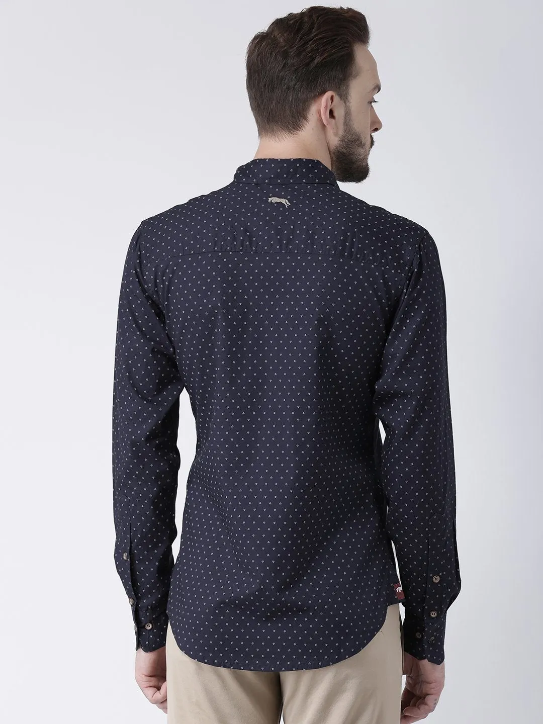 Men Navy Blue Printed Cotton Slim Fit Shirt