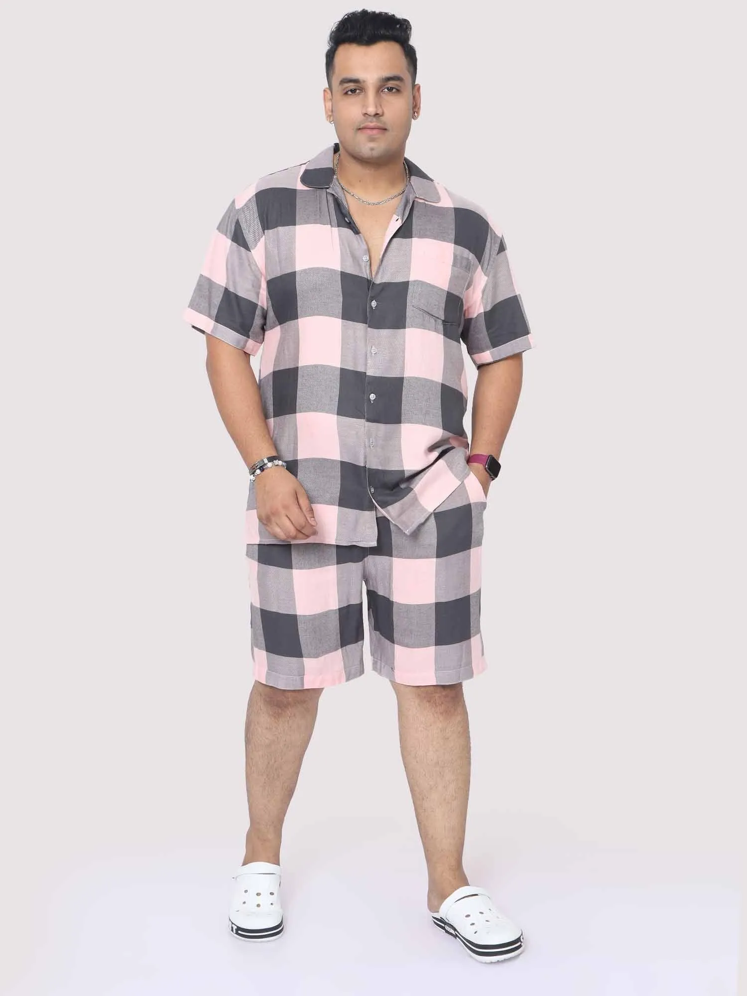 Men Plus Size Blush Grey Checks Printed Half Sleeve Co-Ords