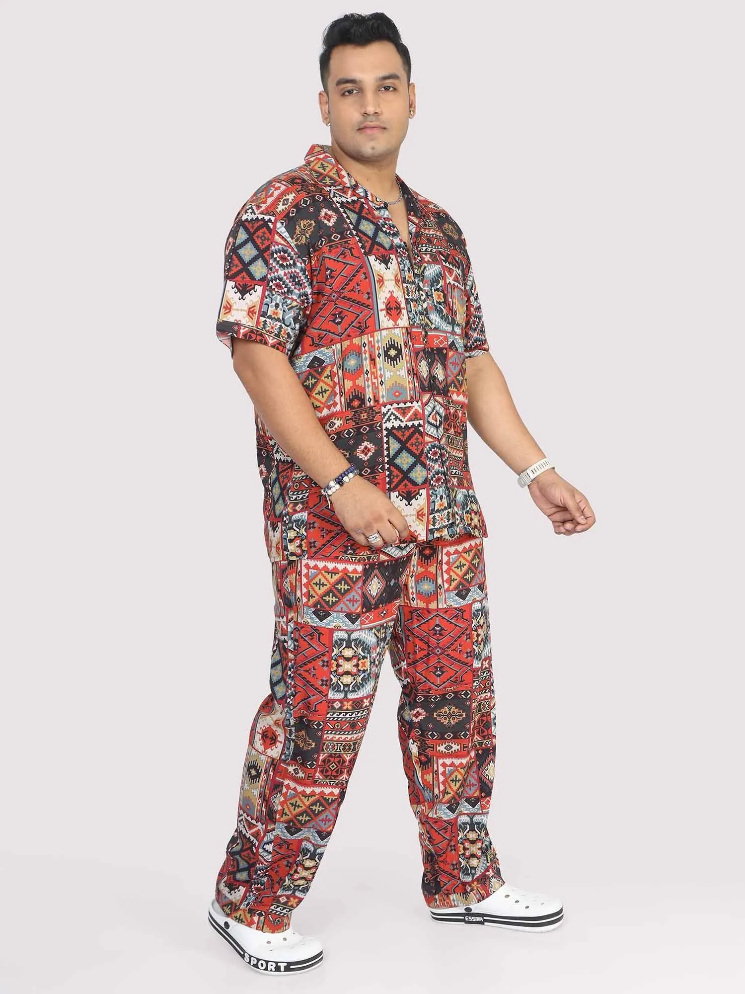 Men Plus Size Multi Ikkat Printed Full Sleeve Co-Ords