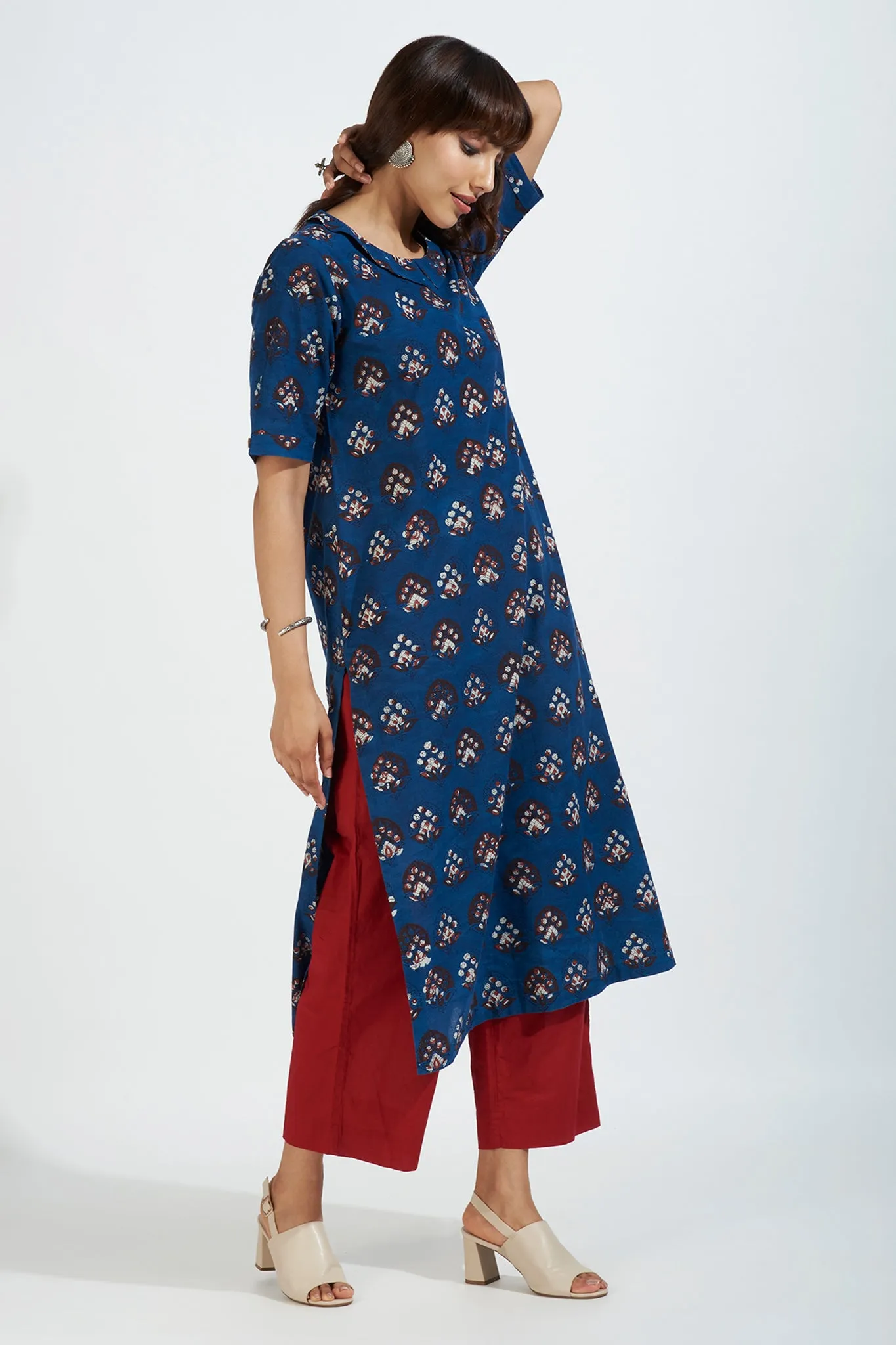 peter pan collar kurta with side & back buttons - nautical delight & burgundy botanics