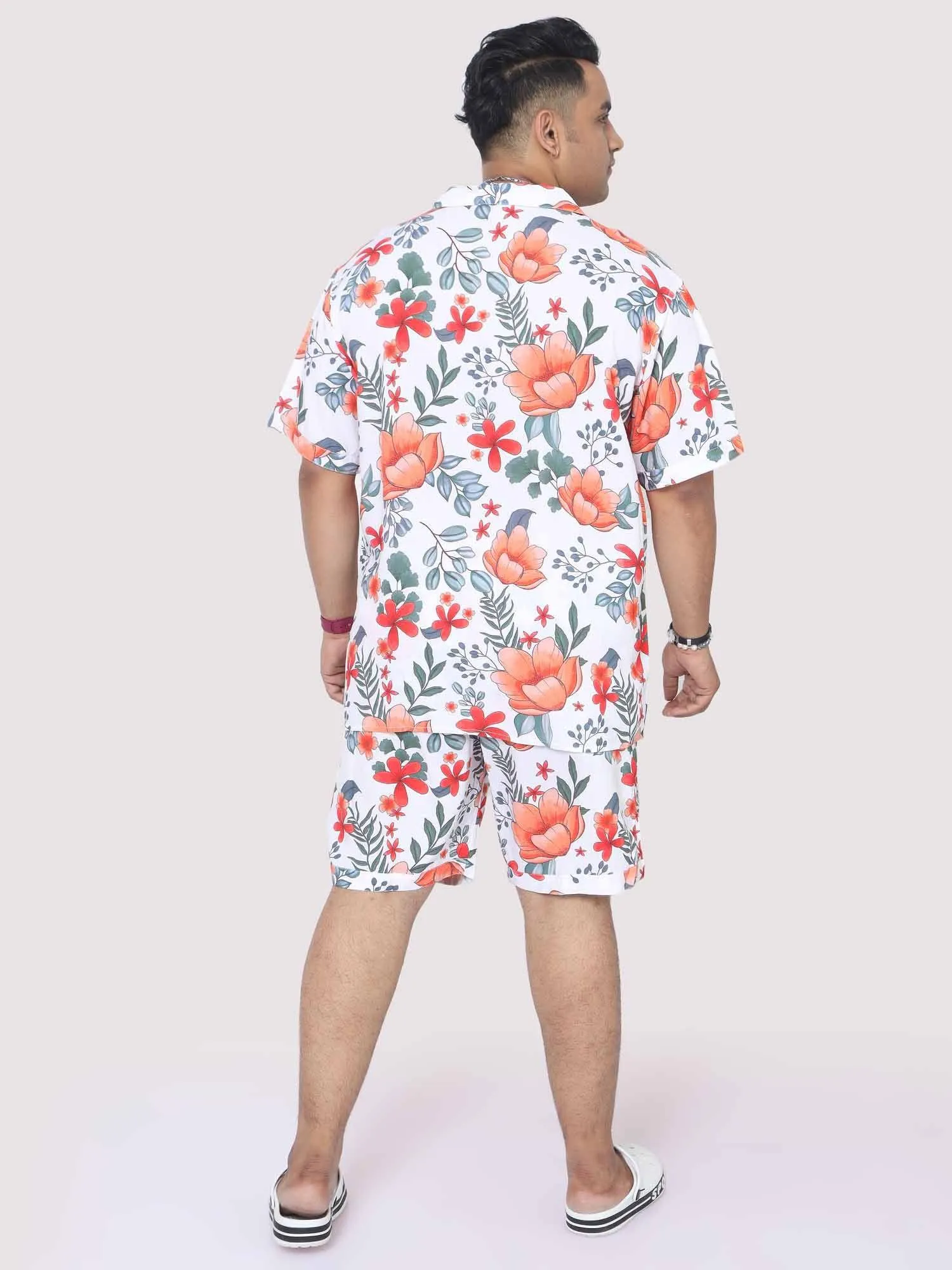 Plus Size Men Saffron Hibiscus Digital Printed Half Co-Ords