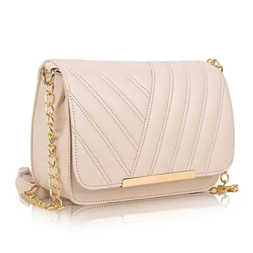 SPOTIC Women's PU Synthetic Leather Stylish Fancy Chain Strap Crossbody Sling Bag (Cream)